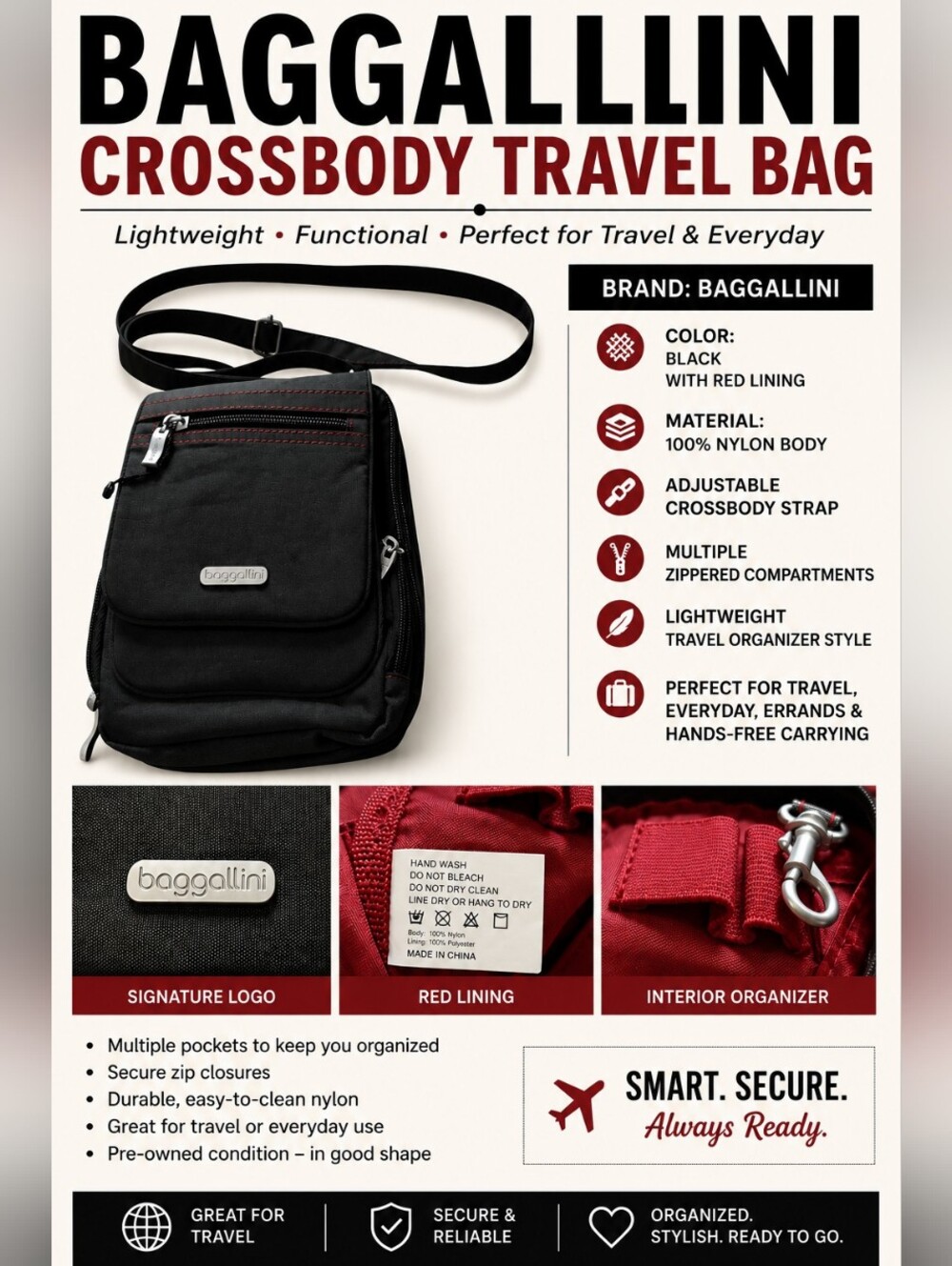 Crossbody Travel Bag Nylon Organizer Purse Multi Pocket